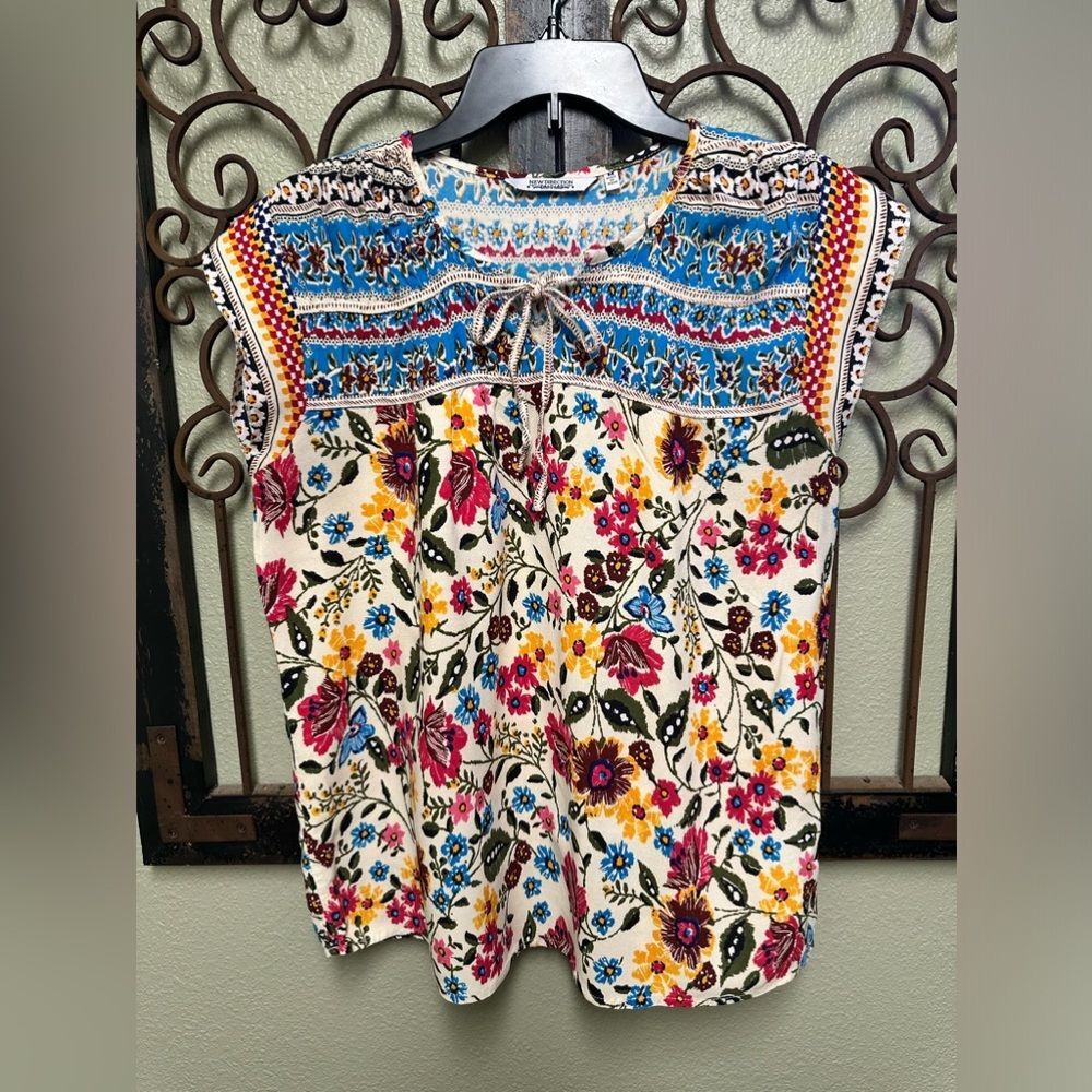 New Direction boho multi floral tie neck top